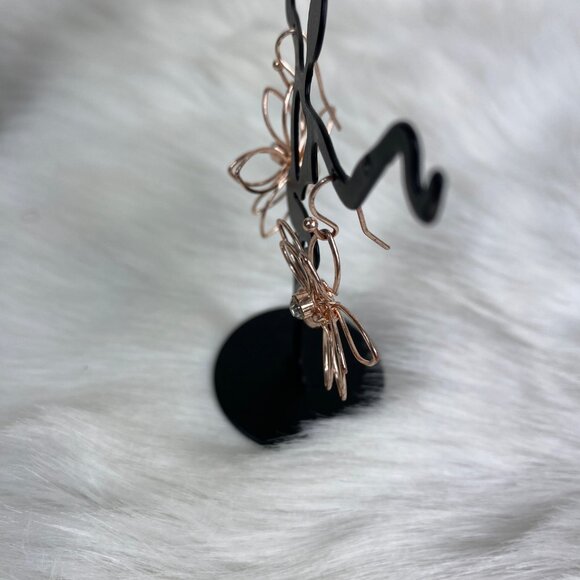 Rose Gold Tone Wire Flower Earrings Rhinestone Floral Dangle & Drop Earrings - Picture 4 of 6